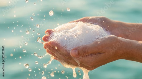 Refreshing close-up of hands cupping foamy soap lather with sparkling water droplets, symbolizing cleanliness, purity, and essential hygiene