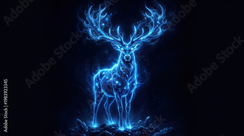 Ethereal glowing blue stag deer constellation in dark.