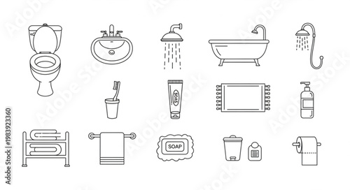 Collection of bathroom icons and symbols in a simple line art style.