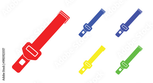 Colorful seatbelt buckles displayed in a flat graphic silhouette