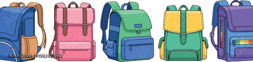 Foto Illustrated Set of Colorful Backpacks with Casual and School Designs, Featuring