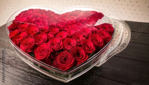 Heart-Shaped Box Overflowing with Vibrant Red Roses for Romance.