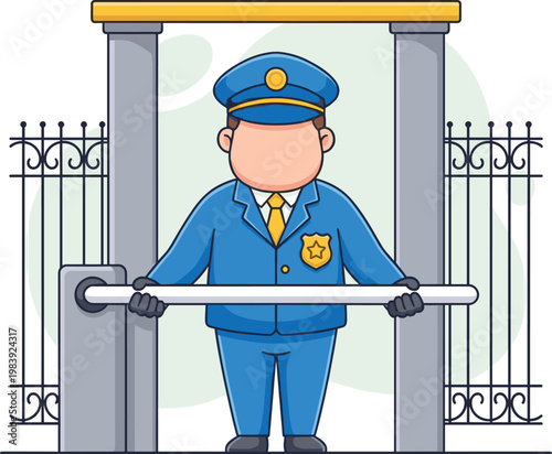 Cartoon Police Officer Standing Guard Behind Metal Barrier With Batons