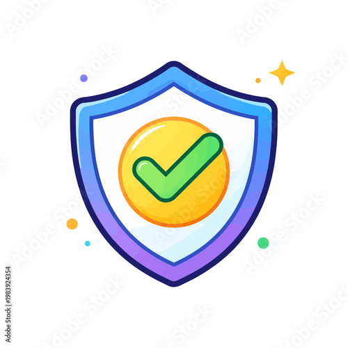 Secure Shield with Green Check Mark and Sparkles Symbolizing Safety and Protection