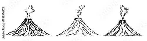 Volcano set with a hand-inked stylized design featuring a plume of smoke, natural disaster, mountain with eruption and geology