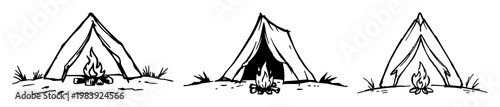 Mini campsite set with rough sketchy hand-drawn art and tiny fire icon featuring camping, outdoor, nature with white background