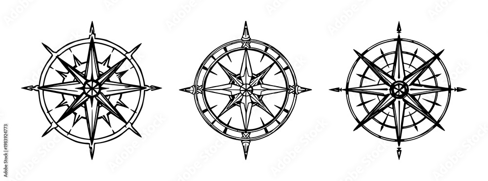 Fototapeta premium Compass rose set with sketchy hand-drawn line art featuring ornate 16th-century design, navigation symbol, white background with compass and history