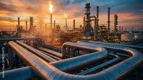 Industrial energy plant glows at dusk, showcasing vast network of pipes and processing towers against a vivid sunset sky