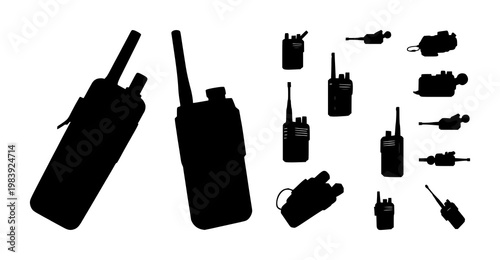 Walkie talkie set with black silhouette on white background featuring communication device, handheld transmitter, radio equipment with mobile and portable