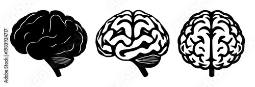 Brain learning icon set with solid black design on white background featuring brain, education, knowledge with memory and growth