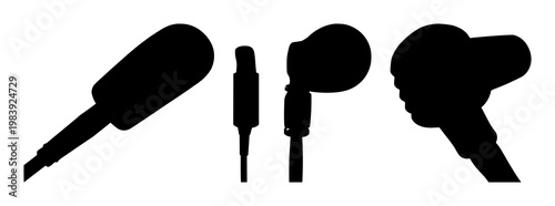 Microphone set with black silhouette icon detail on white background featuring audio, sound, recording with microphone and studio studio