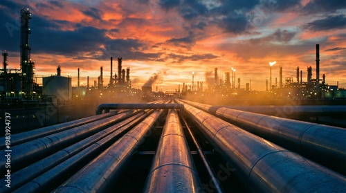 Vast industrial complex with intricate piping systems against a dramatic sunset sky