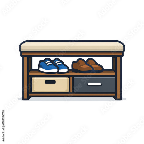 Wooden shoe bench with a padded cream seat and storage compartments holding sneakers and shoes.