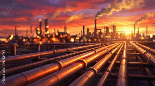 Industrial landscape with pipelines and a refinery under a colorful sunset sky
