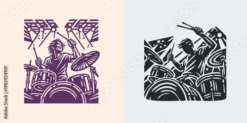 Drummer Musician Live Performance Linocut Illustration
