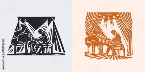 Grand Piano Player Concert Woodcut Style Illustration
