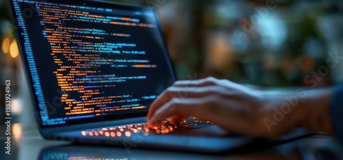 hands typing on a laptop displaying glowing code on screen with warm bokeh background conveying focused concentration