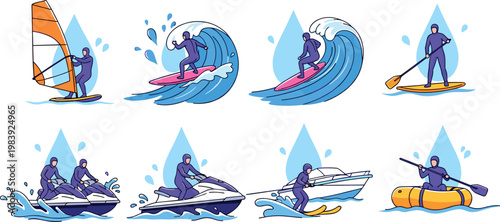 Water sports activities set with surfing windsurfing jet ski kayaking paddleboarding ocean adventure vector illustration