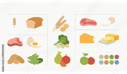 Food nutrients categories vector infographic with carbohydrates proteins fats fiber and microelements healthy diet set
