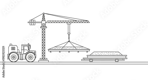 Construction Site Line Art with Tower Crane, Road Roller, and Heavy Machinery Illustration - Vector Coloring Page Design