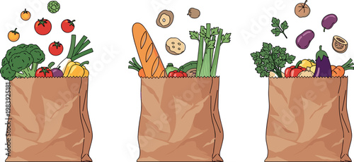 Cartoon-Style Vector Set of Grocery Bags with Fresh Vegetables, Fruits, and Bread, Flying Out for Food Delivery, Healthy Eating, and Eco-Friendly Lifestyle