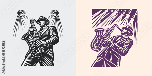 Saxophone Player Jazz Musician Linocut Illustration