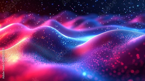 Mesmerizing neon wave landscape of glowing particle grid and starry background, a vibrant dreamlike flow of undulating digital light and energy