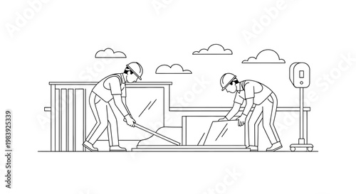 Construction Workers Line Art Illustration - Two Builders Working on Building Site with Tools - Minimalist Vector Design for Architecture and Renovation Projects