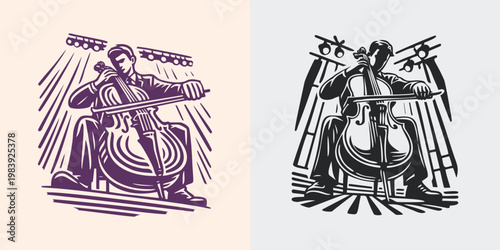 Cellist Performance Artistic Woodcut Vector Illustration
