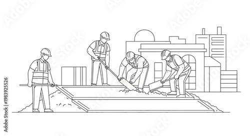 Construction Workers Building Site Vector Illustration - Line Art Group of Builders Working on Urban City Development Foundation