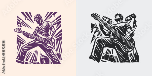 Bass Guitarist Rock Band Performance Linocut Art