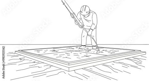 Construction Worker Leveling Concrete Floor with Vibrating Screed Machine Vector Line Art Illustration