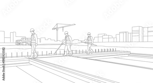 Construction Workers on Building Site Line Art: Minimalist Outline Illustration of Civil Engineering and Infrastructure Development