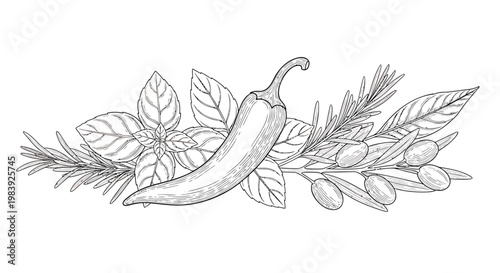 Chili pepper, herbs, and spices illustration, gourmet food and drink elements, vector graphics, black and white
