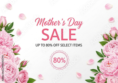 Mother's Day sale advertisement with pink flowers and discount offer