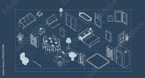 Blueprint of home interior furniture and fixtures collection.