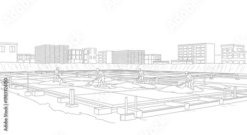 Construction Site Foundation Development Line Art Illustration with Builders and Urban Cityscape