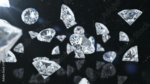 Multiple brilliant cut diamonds of various sizes floating in a dark space with light flares, sparkling facets, and refractive highlights against a black reflective background.