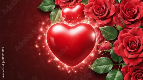 Red roses and green leaves frame the top and right edges of a dark red textured background with a single glossy red heart nestled among the detailed floral arrangement.