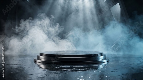 Illuminated Podium with Smoke and Reflections on a Dark, Wet Surface