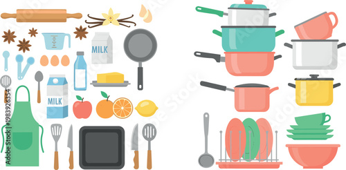 Kitchen utensils and cookware collection with pots pans ingredients and cooking tools flat vector illustration set
