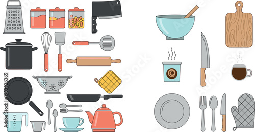 Kitchen tools and cooking utensils collection with cookware baking equipment and tableware flat vector illustration set
