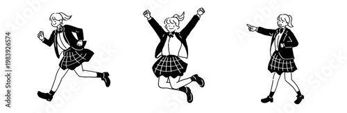 手描き線画イラストセット 制服姿の女子学生 走る・ジャンプ・指差し