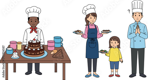 Chef characters cooking baking and serving food with family kitchen scene including cake preparation vector illustration set