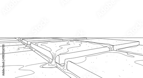 Minimalist Line Art Illustration of Abstract Fluid Flowing Over Geometric Rectangular Slabs
