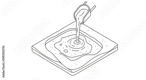 Isometric Line Art Illustration of Industrial Metal Casting Process with Ladle Pouring Molten Material into a Square Mold