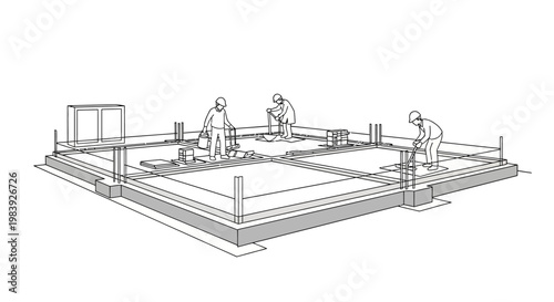 Line Art Illustration of Construction Workers Building a House Foundation Slab on White Background