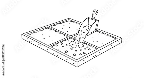 Line Art Illustration of Planting Seeds in a Square Seedling Tray with a Hand Scoop