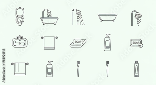 Collection of bathroom icons and symbols for hygiene and cleanliness.