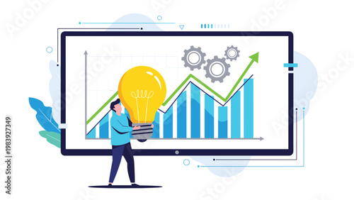 Innovator holding a bright light bulb to symbolize a new business idea integrated with technical growth and system efficiency.